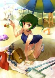 all_fours android beach blue_swimsuit braid braided_hair braided_ponytail choker daible detailed_background female female_focus full_body fully_clothed gintama green_hair headphones one-piece_swimsuit outdoors red_eyes robot_girl single_braid small_breasts smile solo_focus swimsuit tama_(gintama)