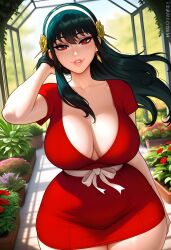 yor_briar yor_forger spy_x_family light-skinned_female light_skin 1girls 1girl solo solo_female female_only curvy curvy_figure curvaceous curvy_female curvy_body curvaceous_figure curvaceous_female voluptuous voluptuous_female long_hair black_hair red_eyes hi_res highres ai_generated ai-created stable_diffusion dreamcoreart teasing teasing_viewer huge_breasts huge_ass large_breasts venus_body slender_waist busty day red_blouse garden
