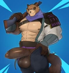 anthro balls big_balls big_penis brown_body brown_fur canid canine clothing epic_games erection facial_scar fortnite fur genitals hajime_(fortnite) hi_res huge_cock humanoid_genitalia humanoid_penis looking_at_viewer mafekoba male mammal muscular muscular_anthro muscular_male nipples nude pecs penis raccoon_dog scar simple_background smile solo tail tanuki