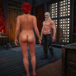 1boy1girl 3d back_view completely_nude completely_nude_female game_screenshot geralt_of_rivia mod muscular muscular_male nude nude_female nude_mod red_hair the_witcher_(series) the_witcher_3:_wild_hunt topless_male triss_merigold white_hair