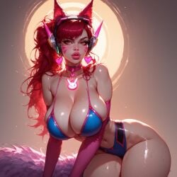 2d 2d_(artwork) ai_generated alternate_costume big_ass big_breasts big_lips big_thighs bimbo bimbo_body bimbo_lips bimbofied d.va_(cosplay) huge_ass huge_breasts huge_lips league_of_legends overwatch tagme xayah xayahl0ver