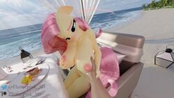 16:9 3d_(artwork) 4k absurd_res anthro anthrofied areola beach big_breasts biped breast_fondling breast_play breasts chair detailed_background dialogue digital_media_(artwork) equid equine eyebrows eyelashes female flutterpink_3d fluttershy_(mlp) fondling friendship_is_magic furniture hair hand_on_breast hasbro hi_res human human_on_anthro interspecies mammal my_little_pony nipples nude outside pink_hair pupils table text thick_thighs widescreen yellow_body
