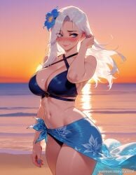 1girls ai_generated ashe_(league_of_legends) avoiding_eye_contact balecxi bare_shoulders beach bikini blue_bikini blue_eyes blue_nails blush cleavage cowboy_shot female flower hair_flower hair_ornament halterneck large_breasts league_of_legends long_hair looking_to_the_side nail_polish navel outdoors playboy_bunny sarong smile solo stomach sunset swimsuit thighs white_hair