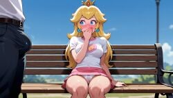 ai_generated bench blue_sky blush bulge_through_clothing covering_mouth miniskirt outdoors princess_peach staring_at_penis t-shirt wet_panties wide_eyed