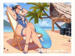 1girls animated bare_shoulders beach black_hair blue_one-piece_swimsuit blue_sky breasts breathing capcom chun-li cleavage earrings female hair_bun longer_than_10_seconds one-piece_swimsuit pimozzarella retro_artstyle shorter_than_30_seconds street_fighter street_fighter_6 swimsuit tagme thick_thighs thigh_strap thighs video