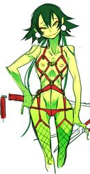 dagger earrings fishnet_legwear fishnet_stockings fishnets green_hair harness head_tilt lizard_girl nipples nunchaku panties sketch smile underwear weapon yeeeebis yellow_eyes