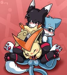 anthro black blue blush canine feline female fox fur furry licking male penis pokemon pussy sex threesome tongue vavacung victini