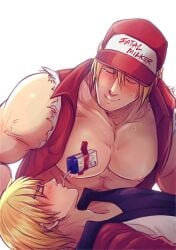 2boys bara big_pecs big_sub blonde_hair breast_feeding fatal_fury garou:_mark_of_the_wolves gay hal_(harenchiou) king_of_fighters male male_only muscular muscular_male rock_howard snk terry_bogard video_games