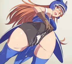 akira02 armor ass black_panties blue_legwear blush brown_eyes brown_hair cameltoe clothing cum cum_on_clothes daisy_(dq) dragon_quest dragon_quest_yuusha_abel_densetsu female gloves helmet large_breasts long_hair looking_at_viewer looking_back open_mouth panties solo stockings thighhighs underwear