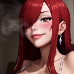 ai ai_generated animated bimbo blowing_smoke blue_tattoo brown_eyes cigarette cigarette_smoke cleavage erza_scarlet fairy_tail female fetish giant_breasts happy, holding_cigarette large_breasts long_hair no_sound red_hair smile smoke smoke_fetish smoking smoking_fetish sole_female tagme tattoo tattoo_on_arm thick_eyelashes thick_lips video white_blouse zoom