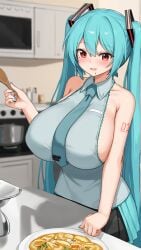 big_breasts blue_hair cooking hatsune_miku mikuo_hatsune red_eyes sfw tagme tie wholesome