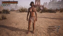 1girls 3d black_hair conan_exiles dark_skin dark_skinned_female game_screenshot loincloth topless topless_female