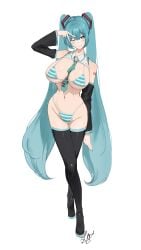 absurdres aqua_bikini aqua_eyes aqua_hair aqua_nails aqua_necktie arm_tattoo between_breasts bikini black_boots black_sleeves black_thighhighs blush boots breasts cleavage closed_mouth commentary covered_nipples crop_top crossed_legs detached_sleeves female full_body hatsune_miku hatsune_miku_(collared_bikini) highres kajuu large_breasts long_hair looking_at_viewer meme_attire micro_bikini miku_collar_bikini nail_polish navel necktie necktie_between_breasts number_tattoo one_eye_closed signature simple_background smile solo standing string_bikini striped_bikini striped_clothes swimsuit tattoo thighhighs tie_clip twintails v v_over_eye very_long_hair vocaloid watson_cross white_background