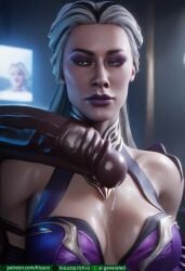 1boy 1girls absurdly_large_cock ai_generated bbc cleavage clothed_female_nude_male curious head_grab horny_female huge_cock hugging_legs impossible_fit in_love in_love_with_cock interracial kisuco looking_at_penis milf mortal_kombat mortal_kombat_1_(2023) penis_on_face purple_lipstick shiny_skin sindel size_difference taller_male voluptuous_female white_hair