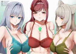 3girls alluring alternate_breast_size animal_ear_fluff animal_ears asymmetrical_docking bare_shoulders big_breasts blue_bra blue_eyes bra breast_press breasts_squeezed_together cat_ears chest_jewel cleavage closed_mouth collarbone commission core_crystal_(xenoblade) ethel_(xenoblade) expressionless frown glimmer_(xenoblade) green_bra green_eyes grey_hair hair_intakes hairband high_ponytail high_res long_hair looking_at_viewer m_(xenoblade) multiple_girls ponytail red_bra red_hair simple_background skeb_commission swept_bangs underwear xenoblade_(series) xenoblade_chronicles_3 xenoblade_chronicles_3:_future_redeemed yamamori_kinako