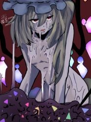 blonde_hair cocoon crystal_wings flandre_scarlet hatching nude nude_female red_eyes small_breasts touhou vampire_girl white_hat