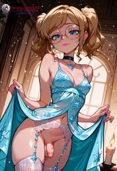 1boy ai_generated balls blonde_hair blue_eyes choker dress earrings femboy flaccid flaccid_penis glasses high_resolution highres ilfb long_hair looking_at_viewer more_at_source original original_character otoko_no_ko skirt skirt_up small_breasts small_penis standing testicles trap twintails