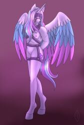 alicorn bit_gag blindfold bondage bound bridle equid equine gag harness hasbro hi_res horn mammal my_little_pony mythological_creature mythological_equine mythology original_character petplay ponyplay reins roleplay trans_(lore) wings