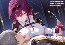 1boy 1girls ai_generated caelus_(honkai:_star_rail) cock_ring cum cumshot ejaculation femdom glowing_eyes handjob honkai:_star_rail honkai_(series) kafka_(honkai:_star_rail) nipples nursing_handjob penis smile straight sucking_nipples trailblazer_(honkai:_star_rail)