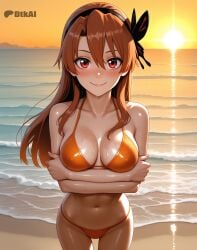 ai_generated beach bikini blush brown_hair chelsea_(akame_ga_kill!) crossed_arms dtkai looking_at_viewer medium_breasts red_eyes sand sea smile sun sundown