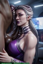 1boy 1girls absurdly_large_cock ai_generated bbc cleavage clothed_female_nude_male curious head_grab horny_female huge_cock hugging_legs impossible_fit in_love in_love_with_cock interracial kisuco looking_at_penis milf mortal_kombat mortal_kombat_1_(2023) penis_on_face purple_lipstick shiny_skin sindel size_difference taller_male voluptuous_female white_hair