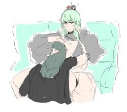 2futas 925kyohei altera_(925kyohei) apashi_(925kyohei) barely_clothed blue_hair blush byleth_(fire_emblem) byleth_(fire_emblem)_(female) couple fire_emblem fire_emblem:_three_houses green_eyes green_hair huge_breasts hugging hugging_partner lipstick lipstick_mark married_couple original_character original_characters self_insert sitting sleeping tagme teal_hair