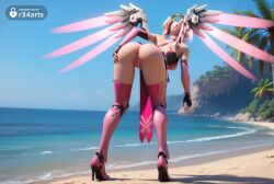 1girls ai_generated angela_ziegler artist_name ass bare_shoulders beach bent_over blizzard_entertainment blonde_hair blue_sky boots breasts day fingerless_gloves from_behind full_body gloves halo hand_on_own_ass hi_res high_heels high_ponytail large_breasts leaning_forward looking_at_viewer mechanical_halo mechanical_wings mercy mercy_(overwatch) ocean official_alternate_costume outdoors overwatch overwatch_2 palm_tree panties pelvic_curtain pink_dress pink_ribbon pink_thighhighs r34arts sand sky solo standing thighhighs thong tree underwear water wings