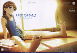 absurdres after_sex bare_shoulders barefoot blue_eyes brown_hair competition_school_swimsuit cum cum_on_body cum_on_clothes cum_on_hair cum_on_lower_body cumdrip feet female flat_chest highres hiyori_mizuki long_hair long_legs one-piece_swimsuit original school_swimsuit sitting soles solo spread_toes swimsuit swimsuit_aside toes