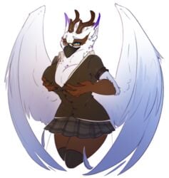 anthro antlers avian beak big_breasts bird cleavage clothed clothing eagle eyewear feathered_wings feathers featureless_crotch female female female_only glasses holding holding_breast horn looking_at_viewer one_eye_closed school_uniform solo thick_thighs trinanya wide_hips wings wink