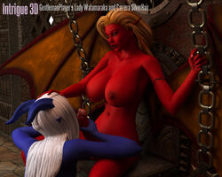 3d big_breasts blonde_hair blue_skin breasts carrera_silverhair chains cum demon draenei fellatio female futa_on_female futanari gentlemanplayer hair intersex interspecies intrigue3d lady_watamaraka large_breasts licking oral precum red_skin supro tattoo white_hair wings world_of_warcraft