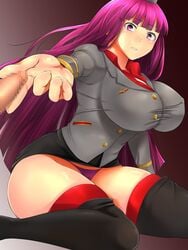 black_thighhighs breasts censored female foreskin handjob hat huge_breasts legwear long_hair miniskirt panties penis pubic_hair purple_eyes purple_hair purple_panties shirt shumichi sitting skirt small_penis thighhighs two-finger_handjob upskirt