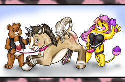 anthro bear care_bear care_bears collar crossover equine femdom feral furry interspecies kinked leash my_little_pony pony popples spank_marks spanking strap-on strapon tagme tenderheart_bear threesome unicorn