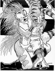 1990s 1995 20th_century anthro anthro_only assless_chaps big_breasts boots bracers breasts feline female greyscale knee_boots male monochrome oscar_marcus pointy_ears porcupine rodent rope tied tiger undressing