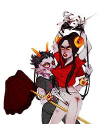 2girls abuse angry arms_above_head arms_tied biting_shirt black_hair blood bondage bruise clothing damara_megido eyebrow_piercing fins gills goggles grey_skin homestuck horns lesbian long_hair meenah_peixes ms_paint_adventures multiple_girls needles panties pink_eyes pink_lips pussy rape red_eyes red_lips red_nails sharp_teeth skirt trident troll webcomic white_background