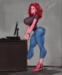 2d athletic_female cenobyt female high_heels jeans large_breasts plump_lips red_hair red_head tagme