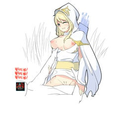 ashe_(league_of_legends) blue_eyes breast_squeeze breasts cape cowgirl_position freljord_ashe freljord_series hood league_of_legends minma pubic_hair sweat sweatdrop tryndamere vaginal_penetration white_hair