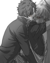 2boys against_wall blush clothed_sex ear_biting from_behind gay gintama gintoki_sakata implied_sex kiichi_(kzn) looking_at_another looking_back male male_only monochrome sakamoto_tatsuma sunglasses yaoi