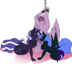 1girls 2014 2girls alicorn anthro anthrofied avante92 balls blue_hair blush breasts cutie_mark dusk_shine_(mlp) equine eyeshadow female friendship_is_magic fur furry group hair half-closed_eyes horn kneeling long_hair makeup male mammal my_little_pony nightmare_moon_(mlp) nightmare_rarity nude oral penis princess_luna_(mlp) purple_fur purple_hair rarity_(mlp) restrained rule_63 saliva sex straight straight_hair twilight_sparkle_(mlp) two_tone_hair unicorn wings