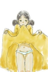 1girls 2011 breasts dark-skinned_female dark_hair dark_skin dress_lift female gachimuchi_(artist) gundam human indian indian_female lalah_sune mobile_suit_gundam navel panties solo tagme upskirt yellow_clothing