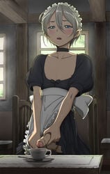 apron blonde_hair blue_eyes blush crossdressing cup ensol foreskin maid maid_headdress nipples open_mouth original penis plate pointy_chin short_hair sweat teacup testicles trap