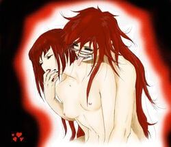 1boy 1girls angelina_durless black_butler black_nails breasts female finger_in_mouth grell_sutcliff red_hair red_lipstick sharp_teeth straight tagme very_long_hair