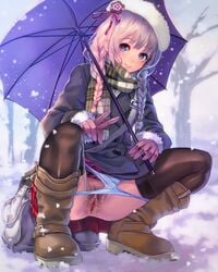 blonde_hair blue_eyes blush boots braid censored chikokuma coat detailed_pussy female gloves hair_ornament hair_ribbon hat outdoor panties_down pubic_hair public pussy scarf skirt_lift snow solo squatting stockings thighhighs twin_braids umbrella v