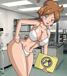 1girls aurea_juniper blush bra breasts cleavage earring earrings exhibitionism female human jewelry mature_female milf nintendo panties photo_background pokemon pokemon_bw pokemon_professor sakaki_(artist) smile solo white_bra white_panties zage_inc