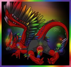 ass aura demonic dragon exterio feathers glowing male male_only masturbation penis rainbow rift solo wings