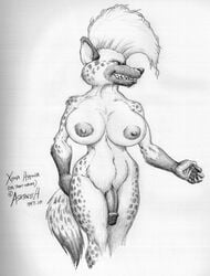 1990s 1997 1futa 20th_century ashtoreth ashtoreth_(artist) big_breasts breasts fur futanari greyscale grin hyena intersex mohawk monochrome nipples penis plain_background solo white_background xena_hyena