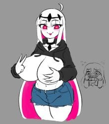 big_breasts black_sweater breasts covering_eyes covering_face dracoarcto friday_night_funkin grabbing_own_breast heart-shaped_pupils hearts_in_eyes long_hair looking_at_viewer nikusa_(sugarratio) shorts thighs tongue_out white_hair white_skin