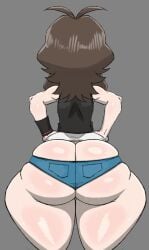 1girl 1girls ass ass_focus ass_out back back_view barely_contained barely_contained_ass big_ass big_butt big_thighs bottom_heavy brown_hair clothing female fully_clothed grey_background hilda_(pokemon) hips_wider_than_shoulders human long_hair mrn00b0d1 n00b_x5_(lt4l14n0) no pale_skin pokemon shorts sleeveless small_shorts straining_clothing sweat sweatdrop sweating sweaty sweaty_ass sweaty_body sweaty_butt thick thick_ass thick_butt thick_hips thick_thighs wide_hips wristwear