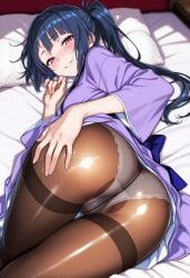 1girls ai_generated amaterasu_(shimai_no_hanashi) ass asymmetrical_hair bangs blue_hair blue_sash blush brown_pantyhose crotch_seam female female female_only gusset hand_on_own_ass highres illustrious_(stable_diffusion) indoors japanese_clothes kimono long_hair long_sleeves looking_at_viewer looking_back lying masa_works_design milua naughty_face on_bed panties panties_under_pantyhose pantyhose parted_lips pillow pink_eyes presenting purple_kimono sash self_upload shimai_no_hanashi shiny shiny_clothes shiny_legwear side_ponytail sisters_fusion smile solo solo_female thigh_gap underwear vocaloid wai-nsfw-illustrious-sdxl watashi_wa_futari_no_oiwai_ni_(vocaloid) wide_sleeves