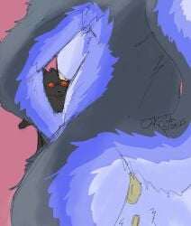 absurd_res ankeidynn anthro ass blue_body blue_fur breasts canid canine digital_drawing_(artwork) digital_media_(artwork) duo female fur genitals hair hi_res hybrid male male/female mammal meri_(oakfinch) nipples nude nude_female oakfinch open_mouth signature simple_background stunned surprised_expression tail watermark white_body white_fur
