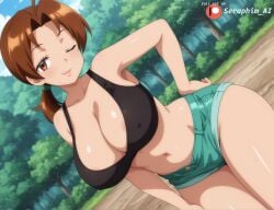 ai_generated belly big_breasts black_tanktop blush brown_eyes brown_hair busty cleavage creatures_(company) crop_top curvy delia_ketchum_(pokemon) denim_shorts female female_only game_freak hi_res highres huge_breasts midriff mommy mother nintendo perky_breasts pokemon pokemon_(game) pokemon_trainer ponytail pose seraphim_ai short_shorts shorts smile solo stable_diffusion
